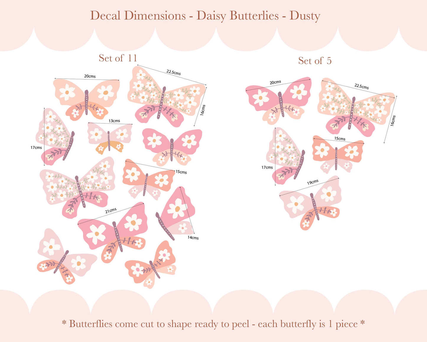 Pip+Phee Daisy Butterfly Fabric Wall Decals - Dusty Peach & Pink Colours