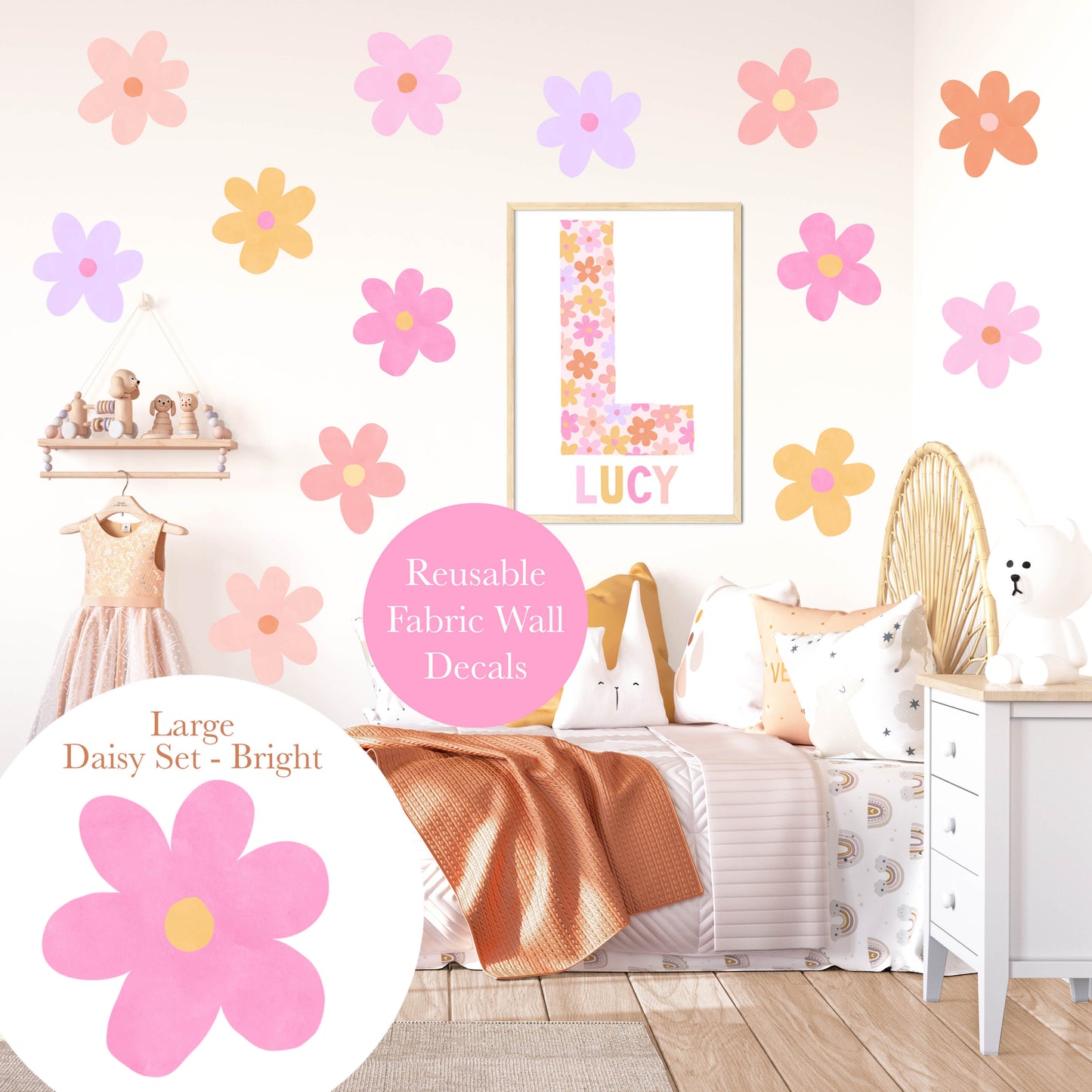 Pip+Phee Daisy Fabric Wall Decals - Large Size - Bright Colours
