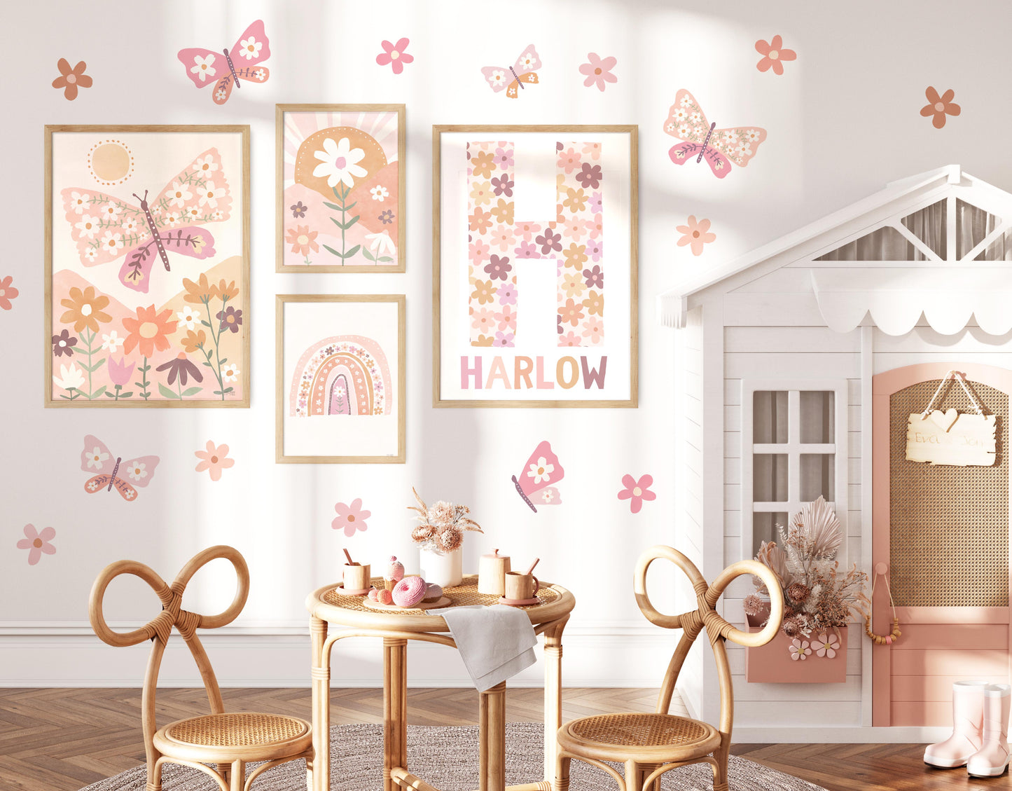 Pip+Phee Daisy Butterfly Fabric Wall Decals - Dusty Peach & Pink Colours