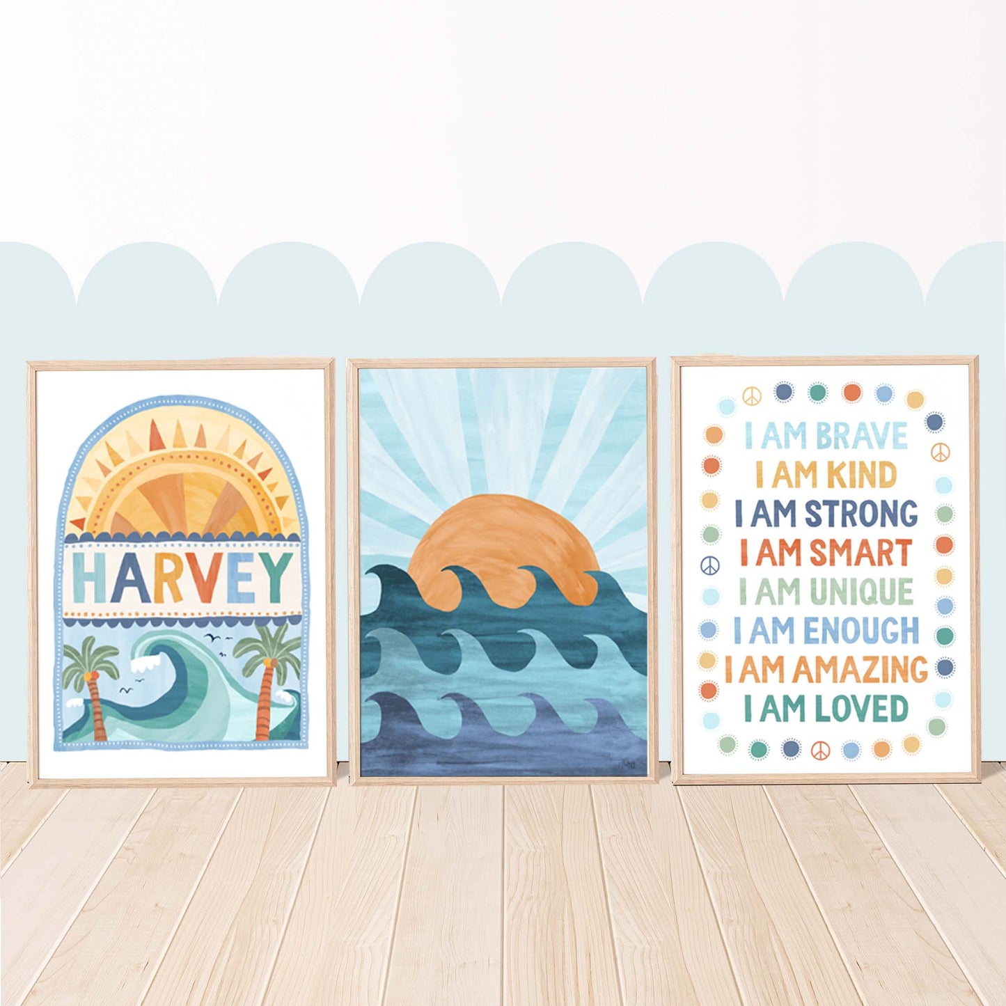 Pip+Phee You Are... Brave, Loved, Positive Affirmation Quote Art Print - Blues - Rust - Sage