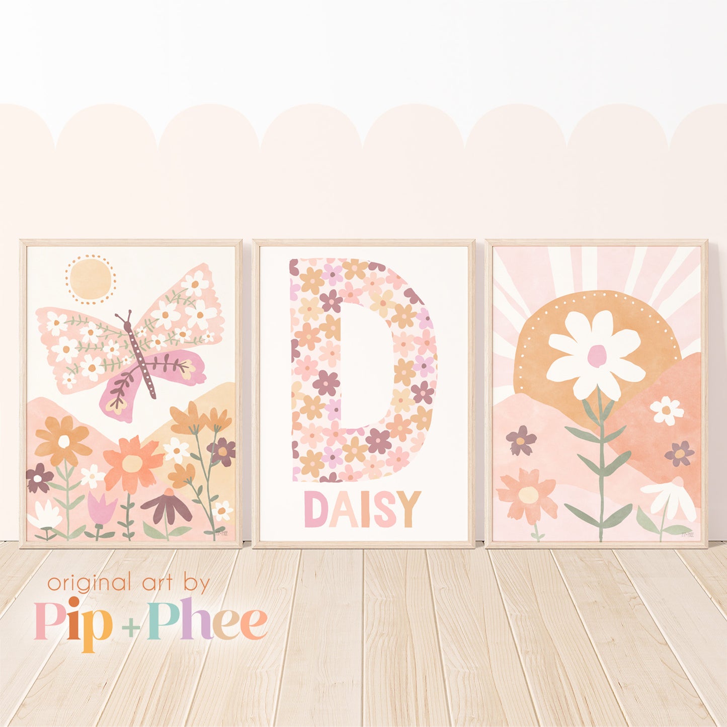 Pip+Phee Daisy Fields Art Print Collection - Dusty Peach Colourway - Set of 3