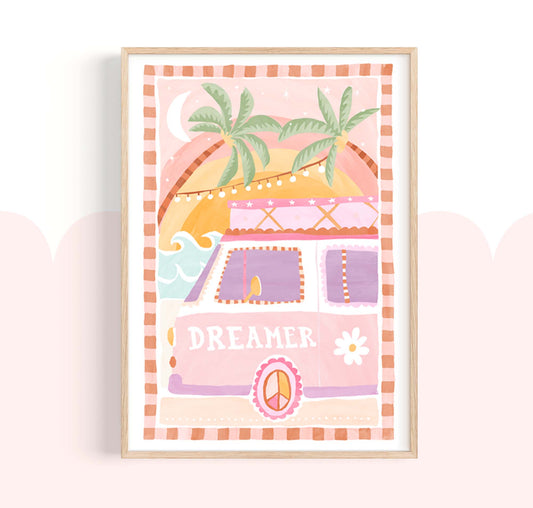 Pip+Phee Coastal Dreamer Surf Kombi Van Beach Art Print - Dusty Pastel