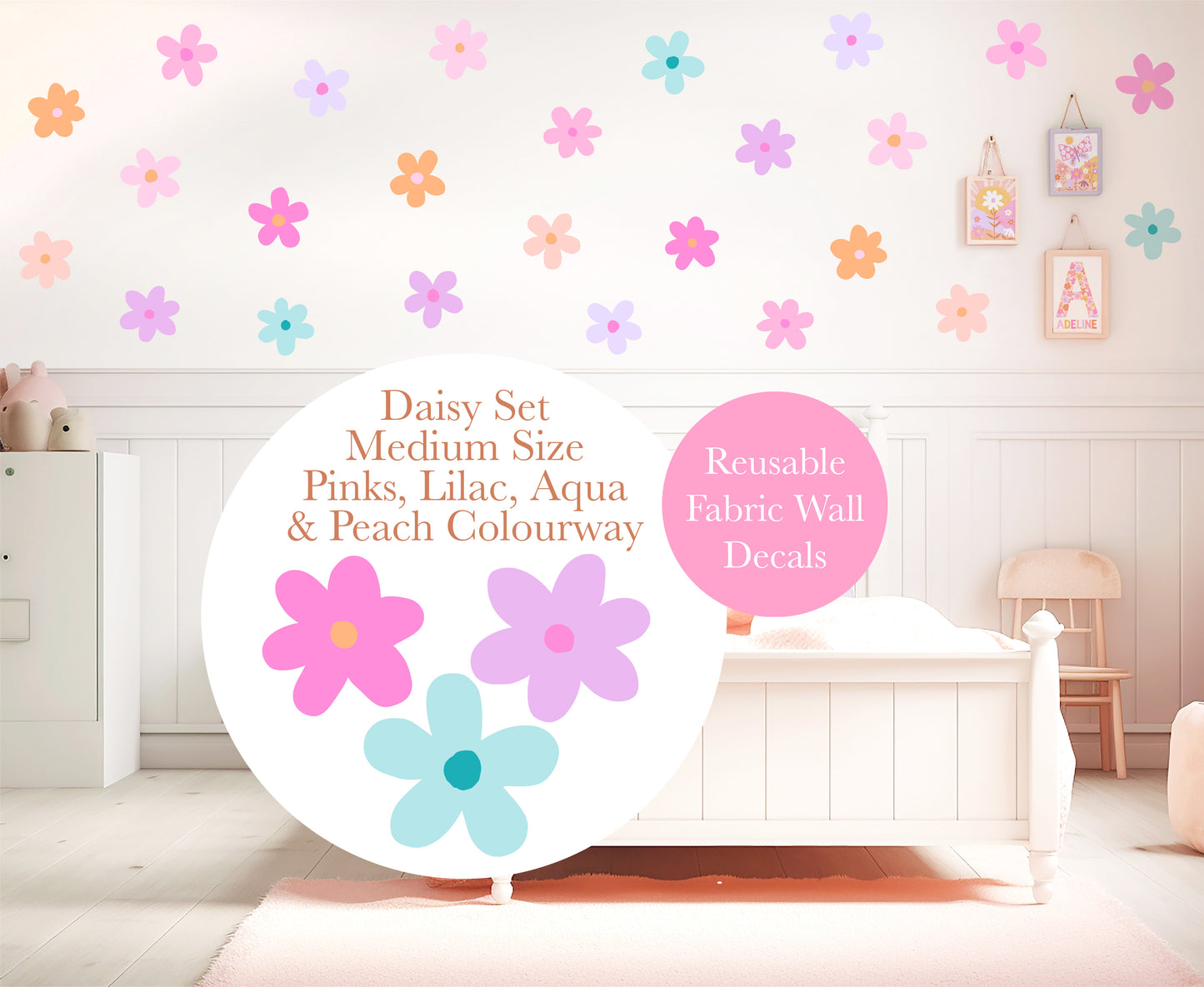 Pip+Phee Daisy Fabric Wall Decals - Medium Size - Pink, Lilac, Aqua & Peach Colours