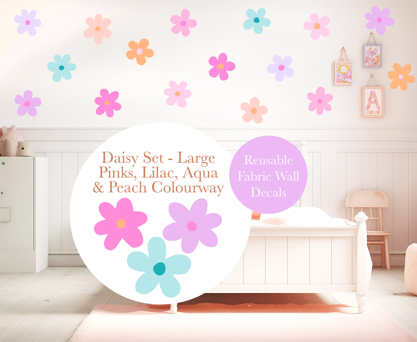 Pip+Phee Daisy Fabric Wall Decals - Large Size - Pink, Peach, Lilac & Aqua Colours