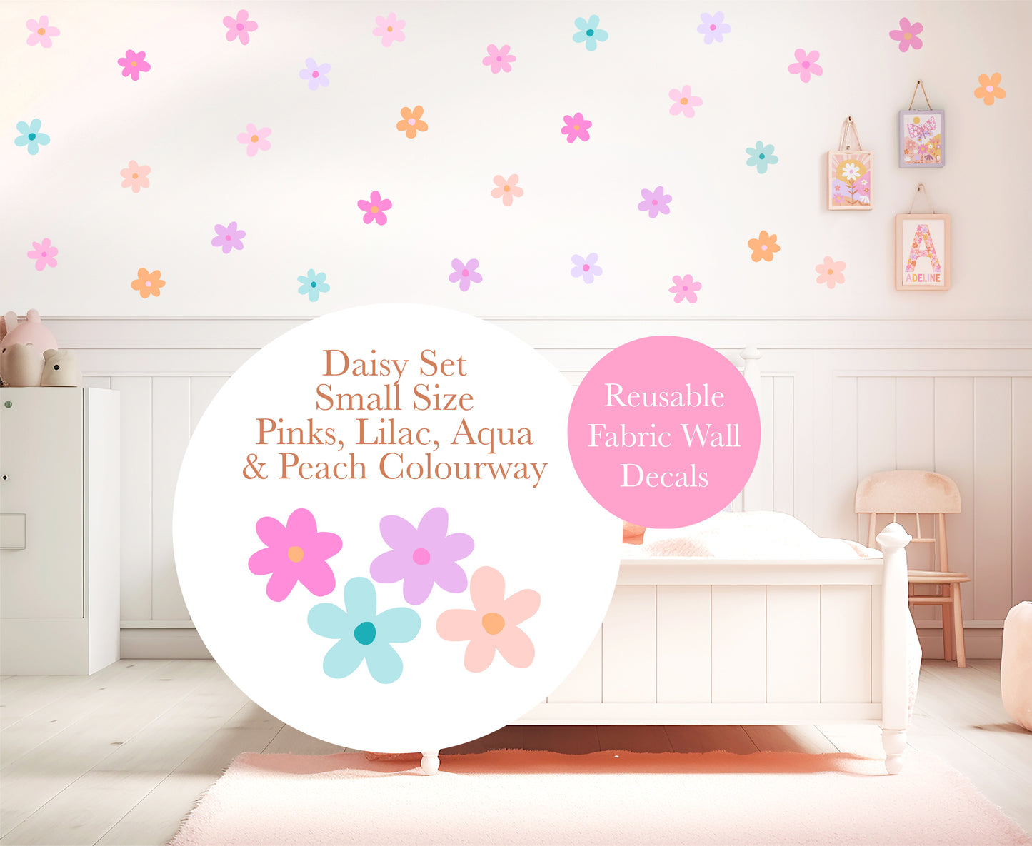 Pip+Phee Daisy Fabric Wall Decals - Small Size - Pink, Lilac, Aqua & Peach Colours