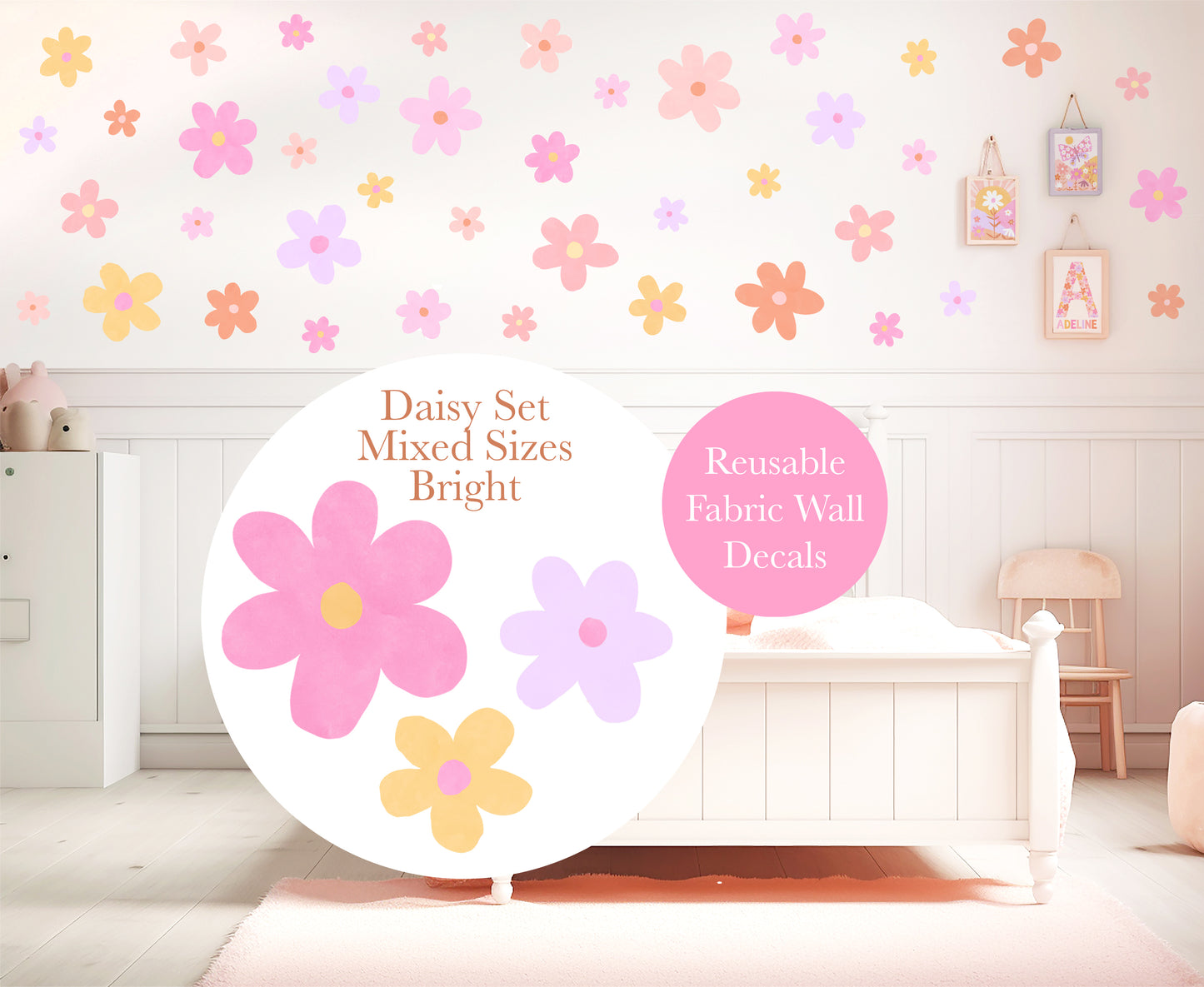 Pip+Phee Daisy Fabric Wall Decal Set - Bright Colours - Mixed Sizes