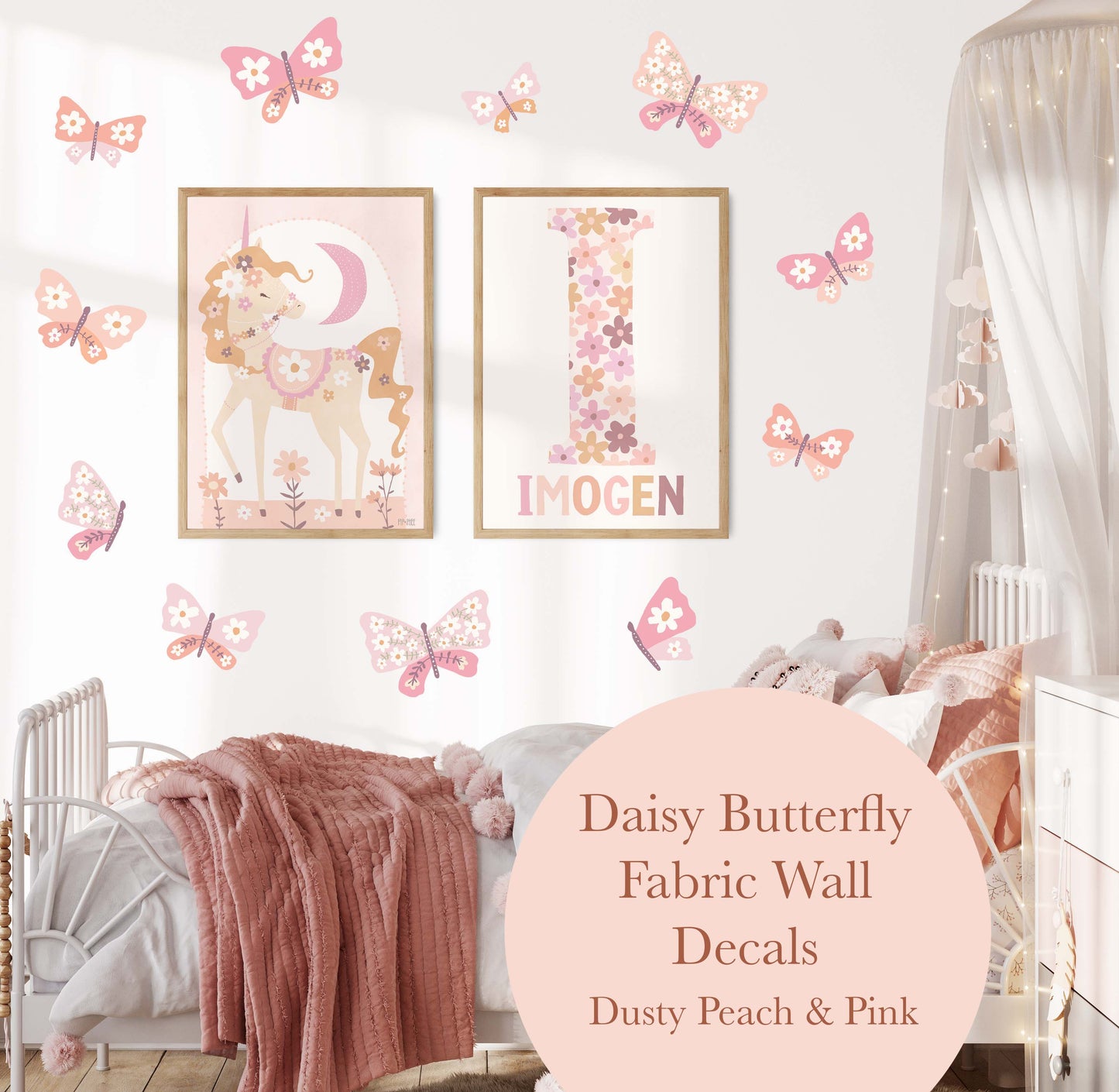 Pip+Phee Daisy Butterfly Fabric Wall Decals - Dusty Peach & Pink Colours
