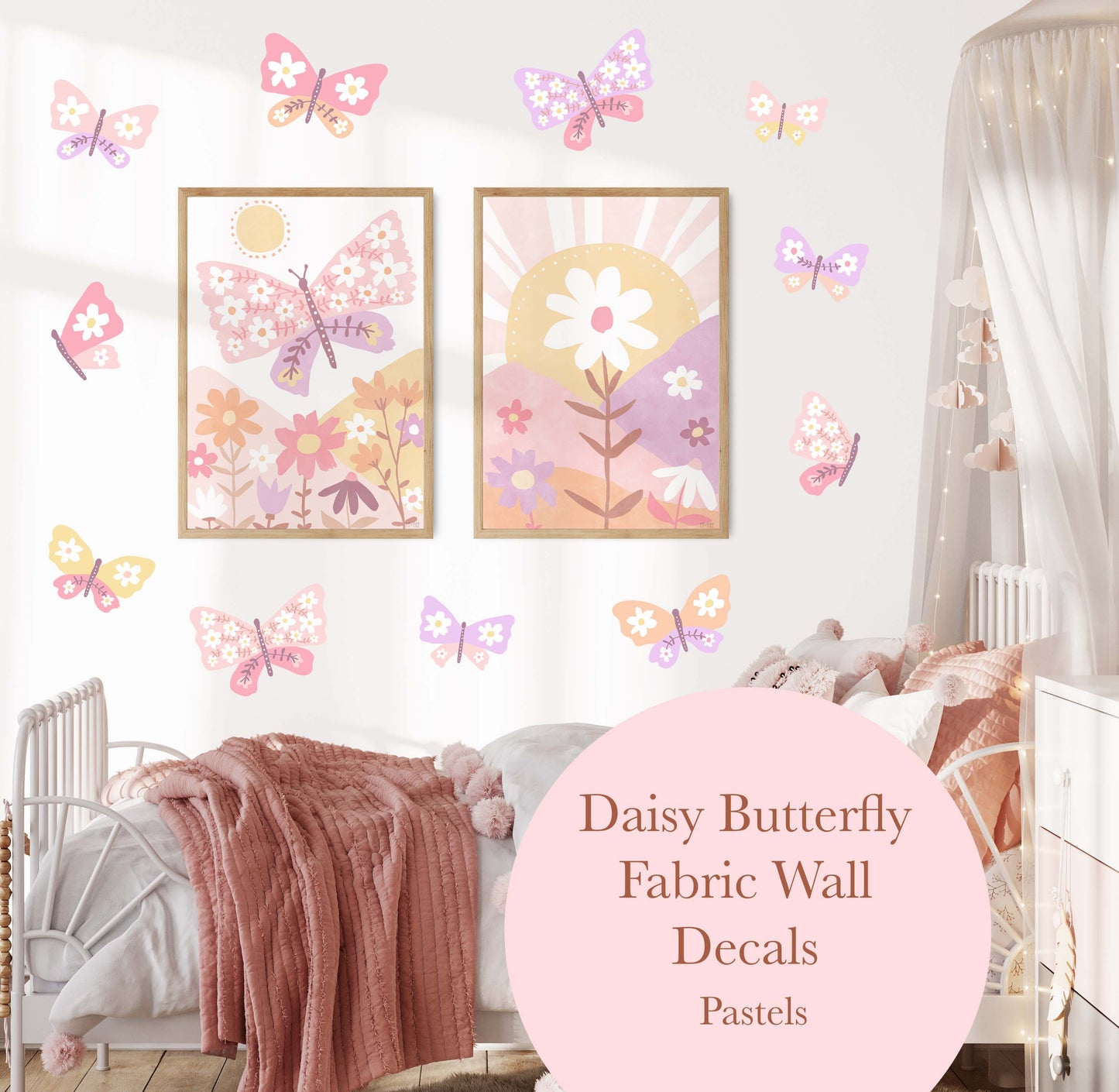 Pip+Phee Daisy Butterfly Fabric Wall Decals - Pastel Colours