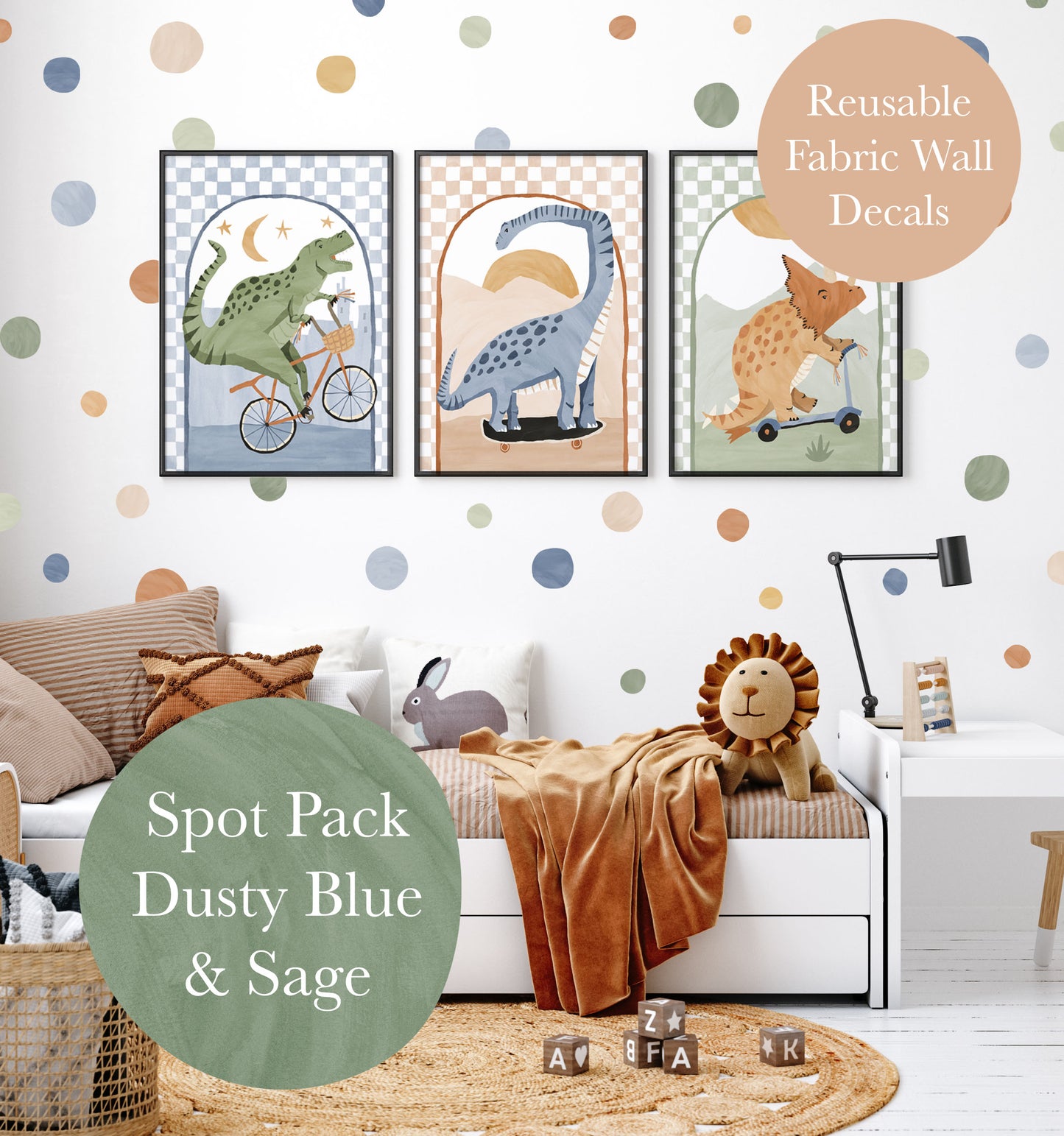 Pip+Phee Spot Fabric Wall Decals - Reusable - Dusty Blue - Sage - Rust Colours