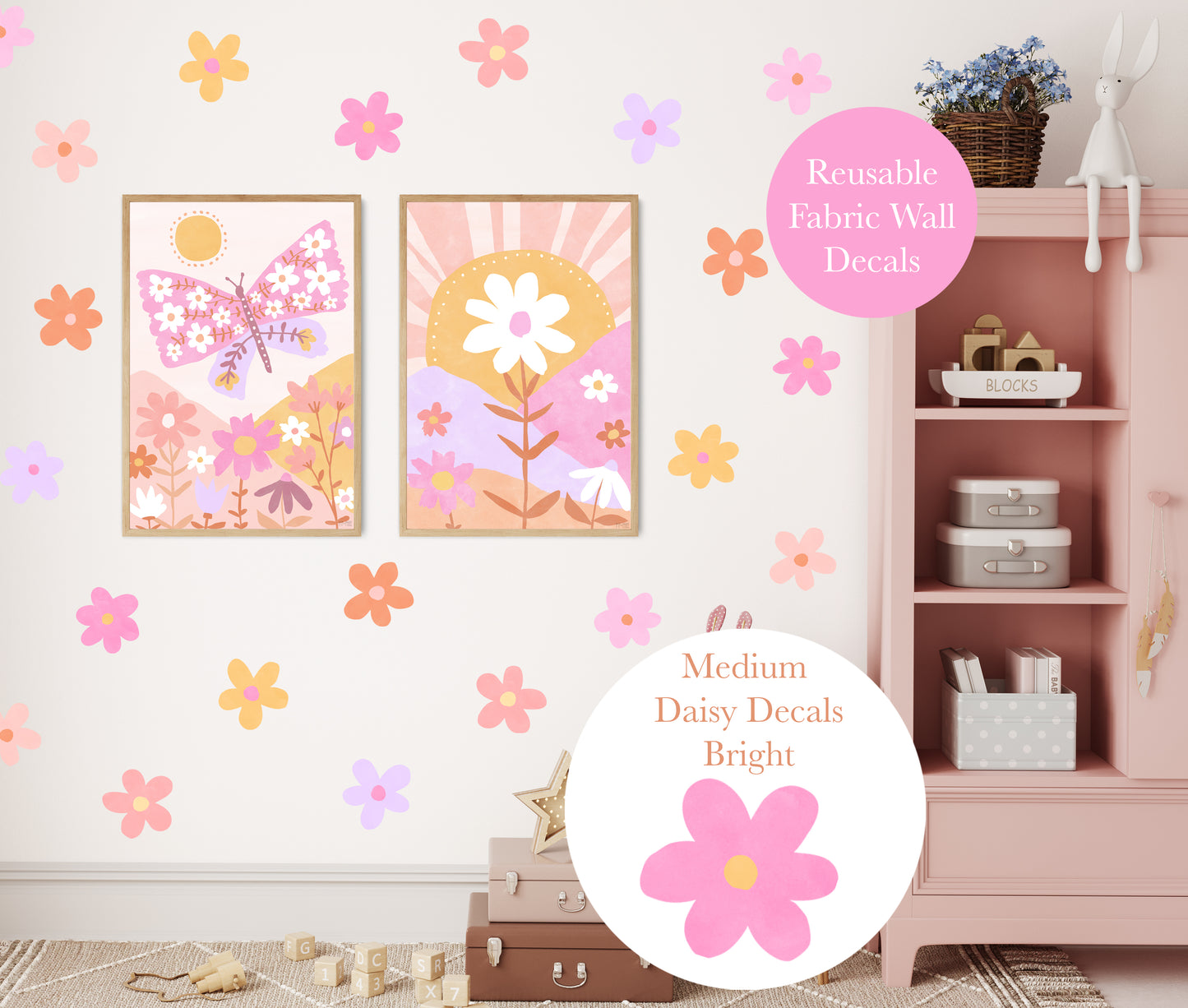 Pip+Phee Daisy Fabric Wall Decals - Medium Size - Bright Colours