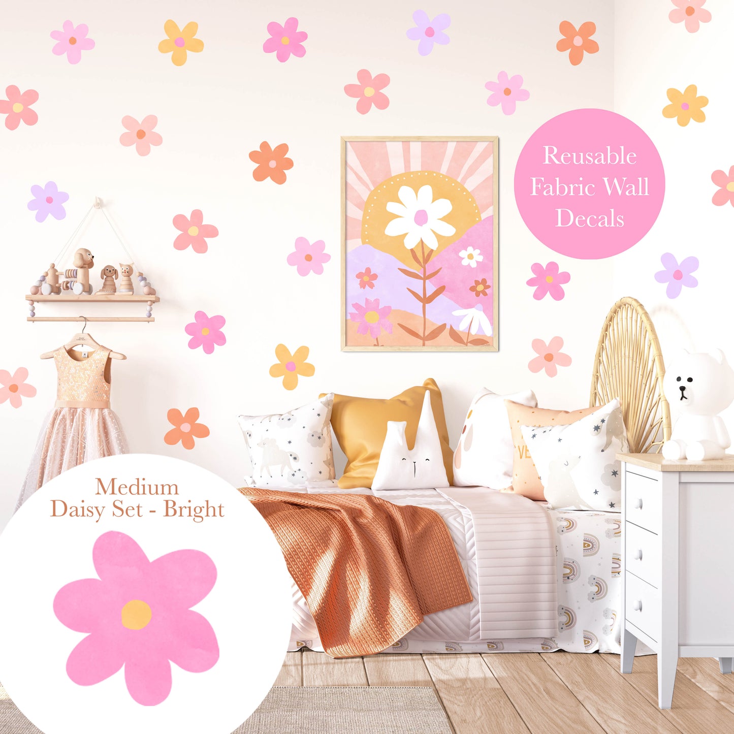 Pip+Phee Daisy Fabric Wall Decals - Medium Size - Bright Colours