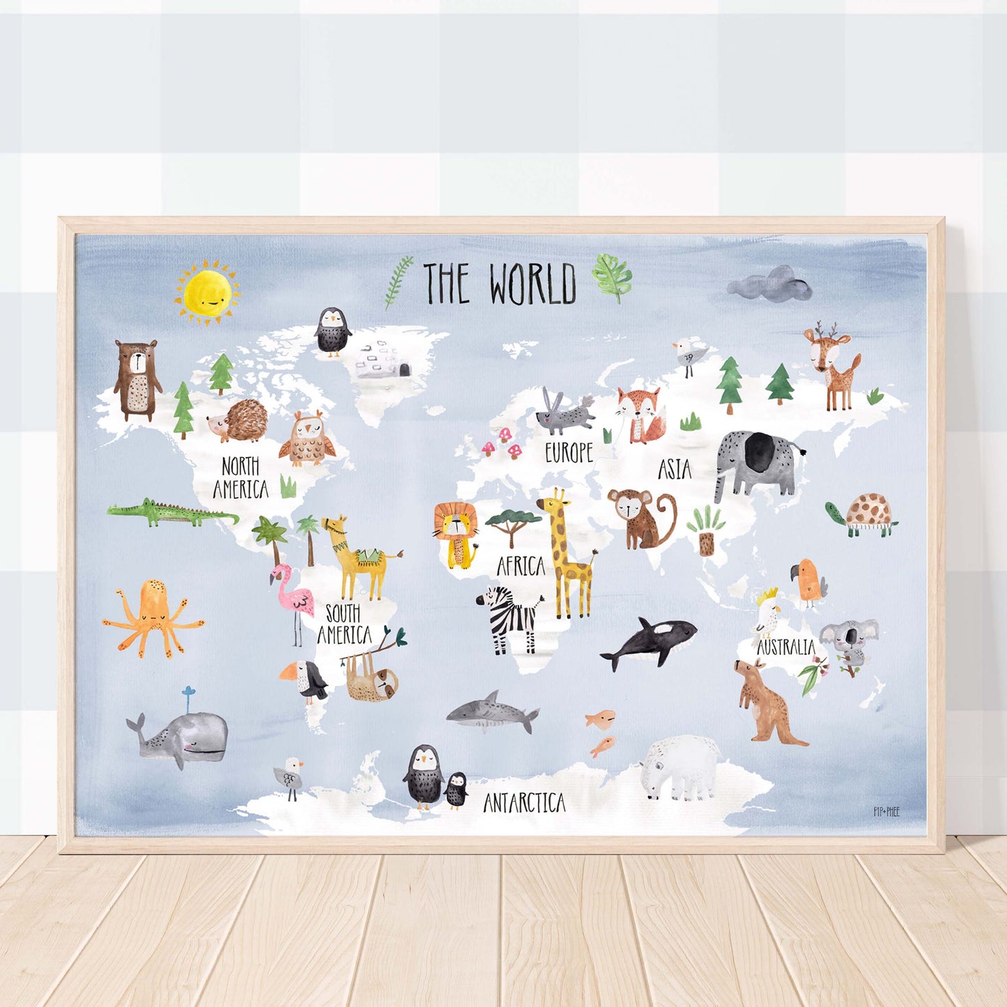 Pip+Phee World Map Art Print - Dusty Blue