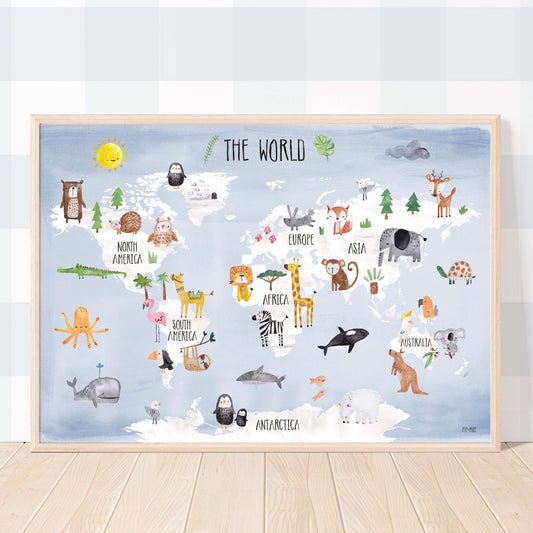 Pip+Phee World Map Art Print - Dusty Blue