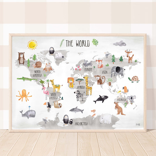 Pip+Phee World Map Art Print - White & Grey