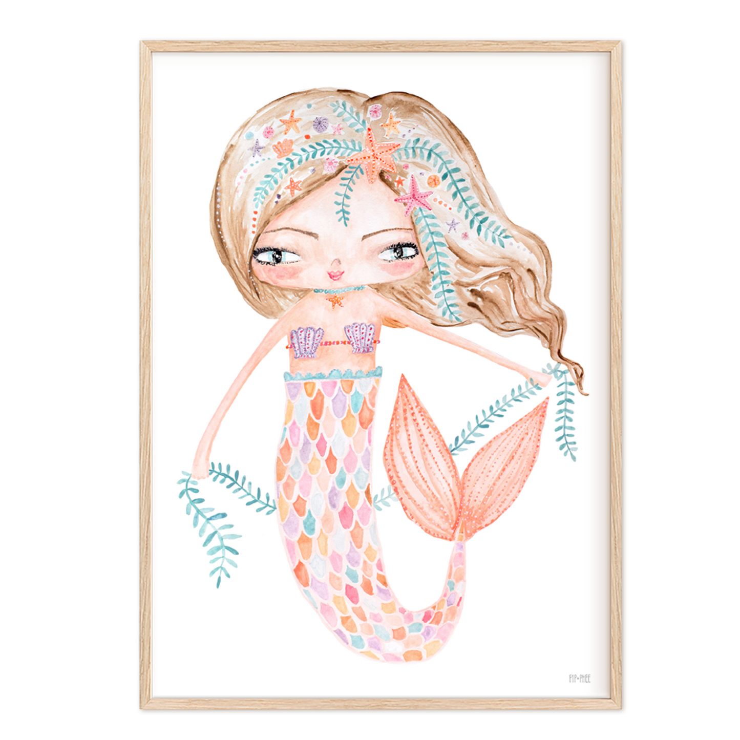 Pip+Phee Coral Mermaid Princess Vine Art Print - White Background