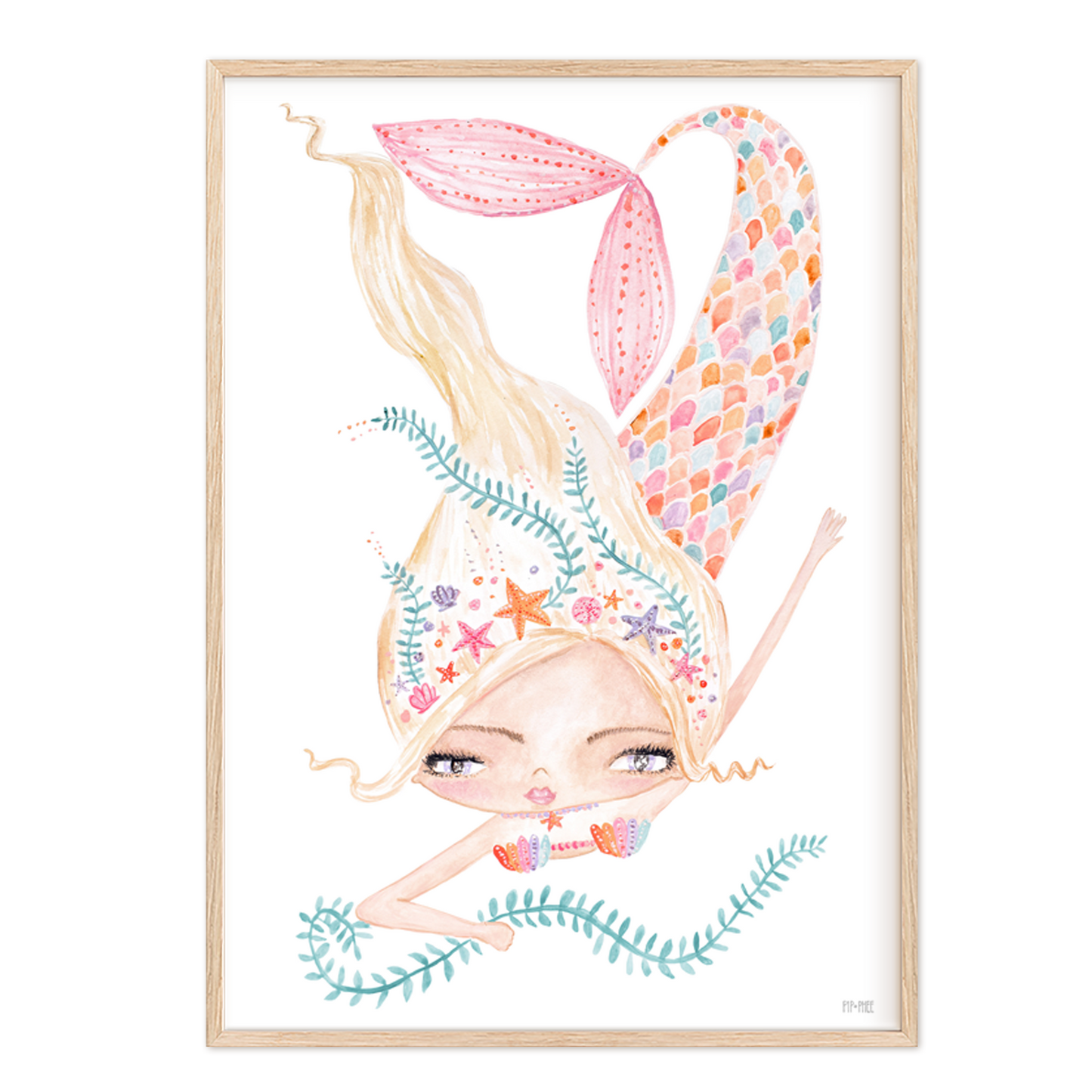 Pip+Phee Coral Mermaid Princess Dive Art Print - White Background