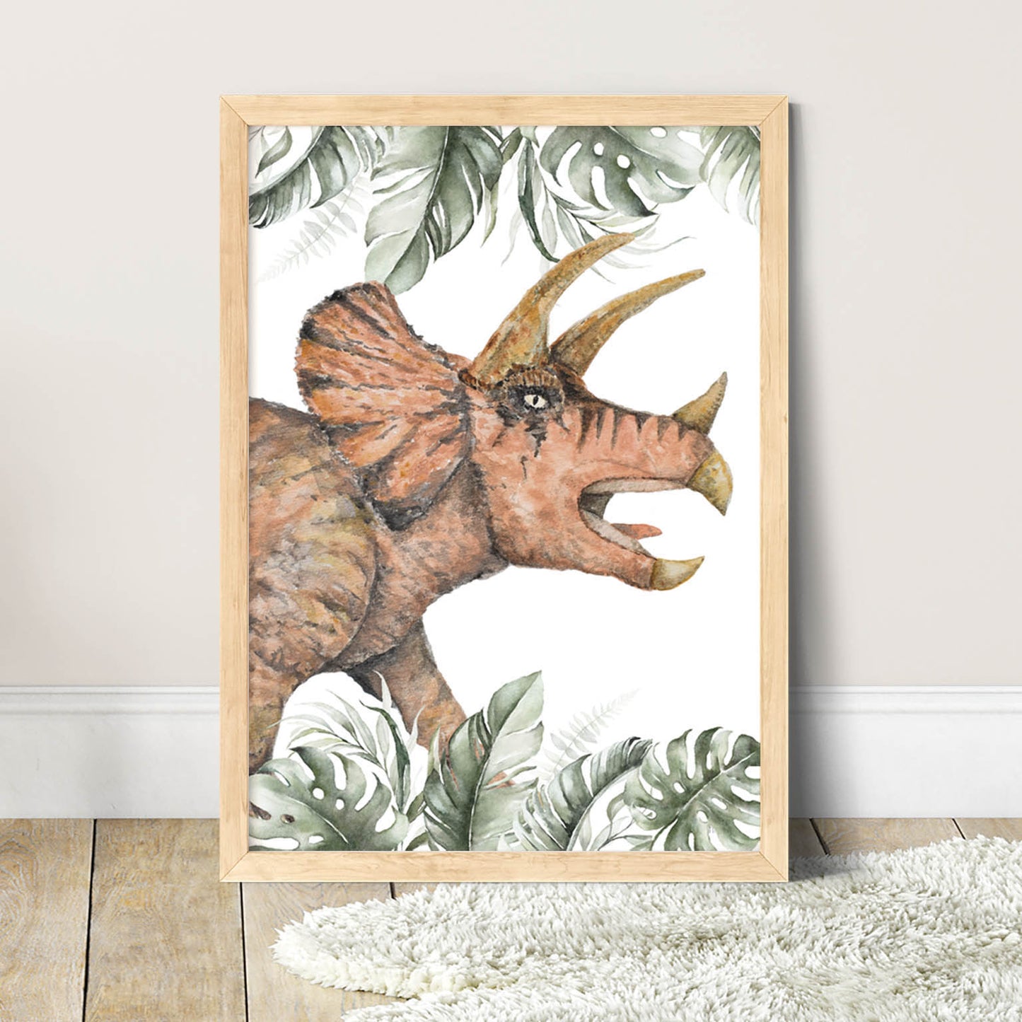 Pip+Phee Jurassic Triceratops Jungle Leaves Art Print