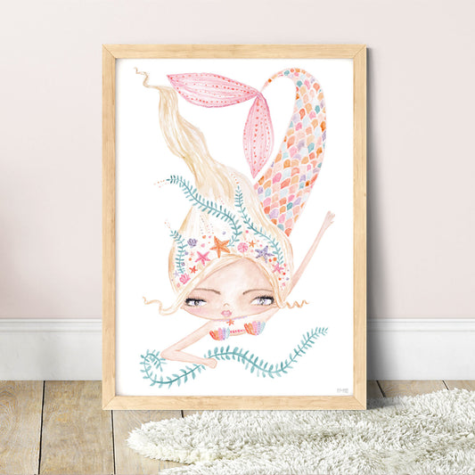 Pip+Phee Coral Mermaid Princess Dive Art Print - White Background