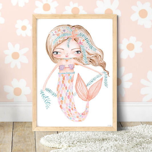 Pip+Phee Coral Mermaid Princess Vine Art Print - White Background