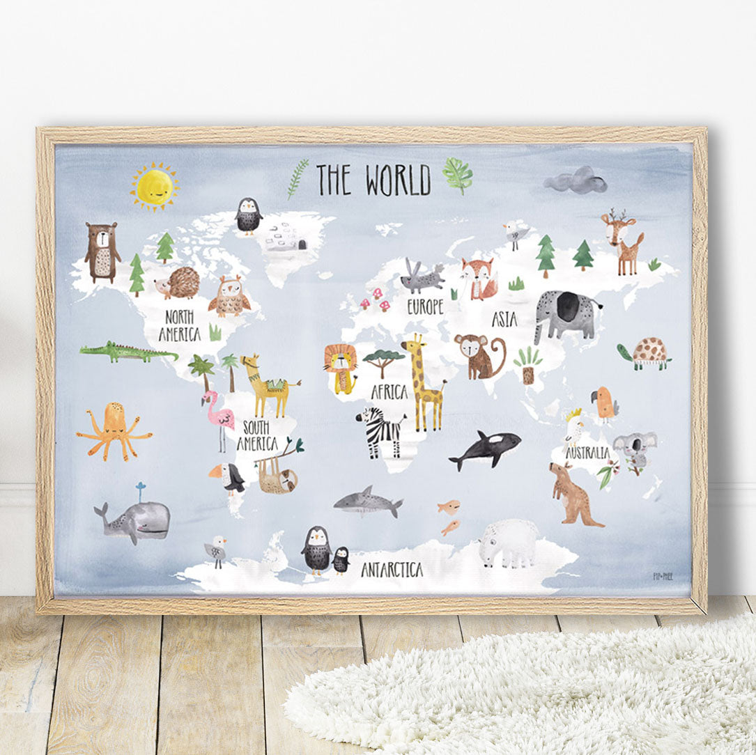 Pip+Phee World Map Art Print - Dusty Blue