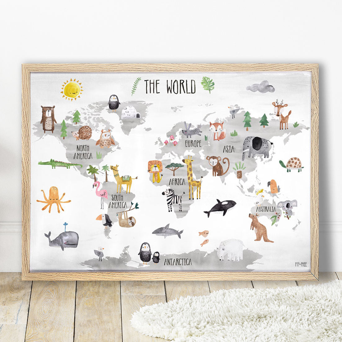 Pip+Phee World Map Art Print - White & Grey