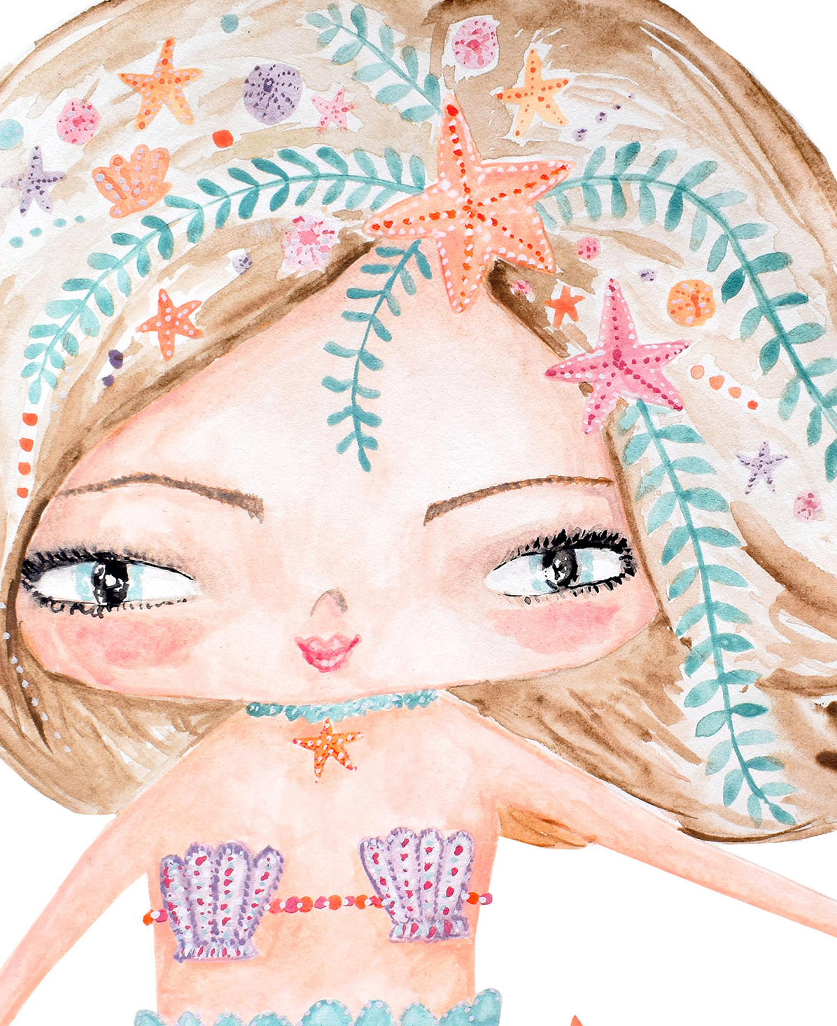 Pip+Phee Coral Mermaid Princess Vine Art Print - White Background