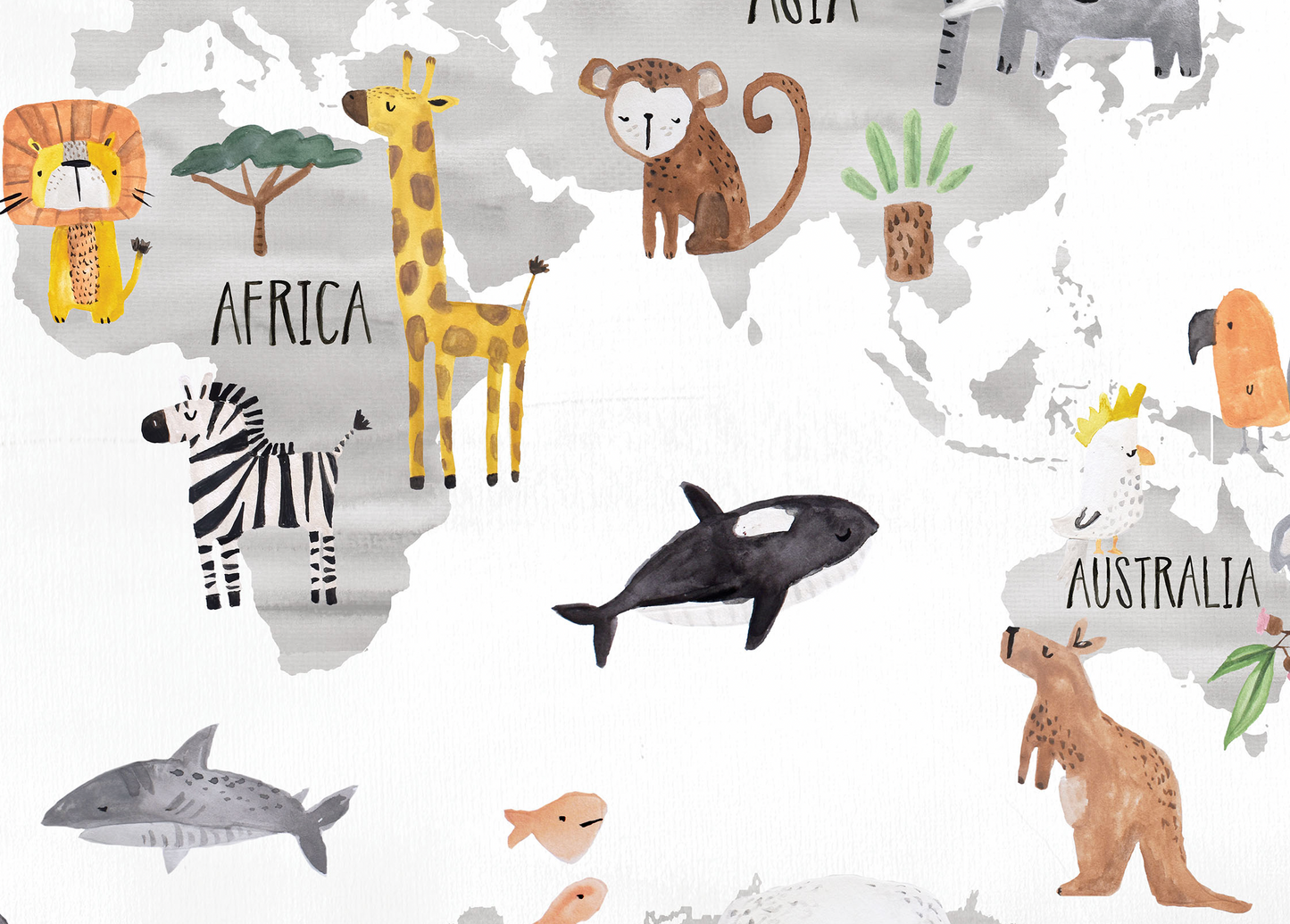 Pip+Phee World Map Art Print - White & Grey