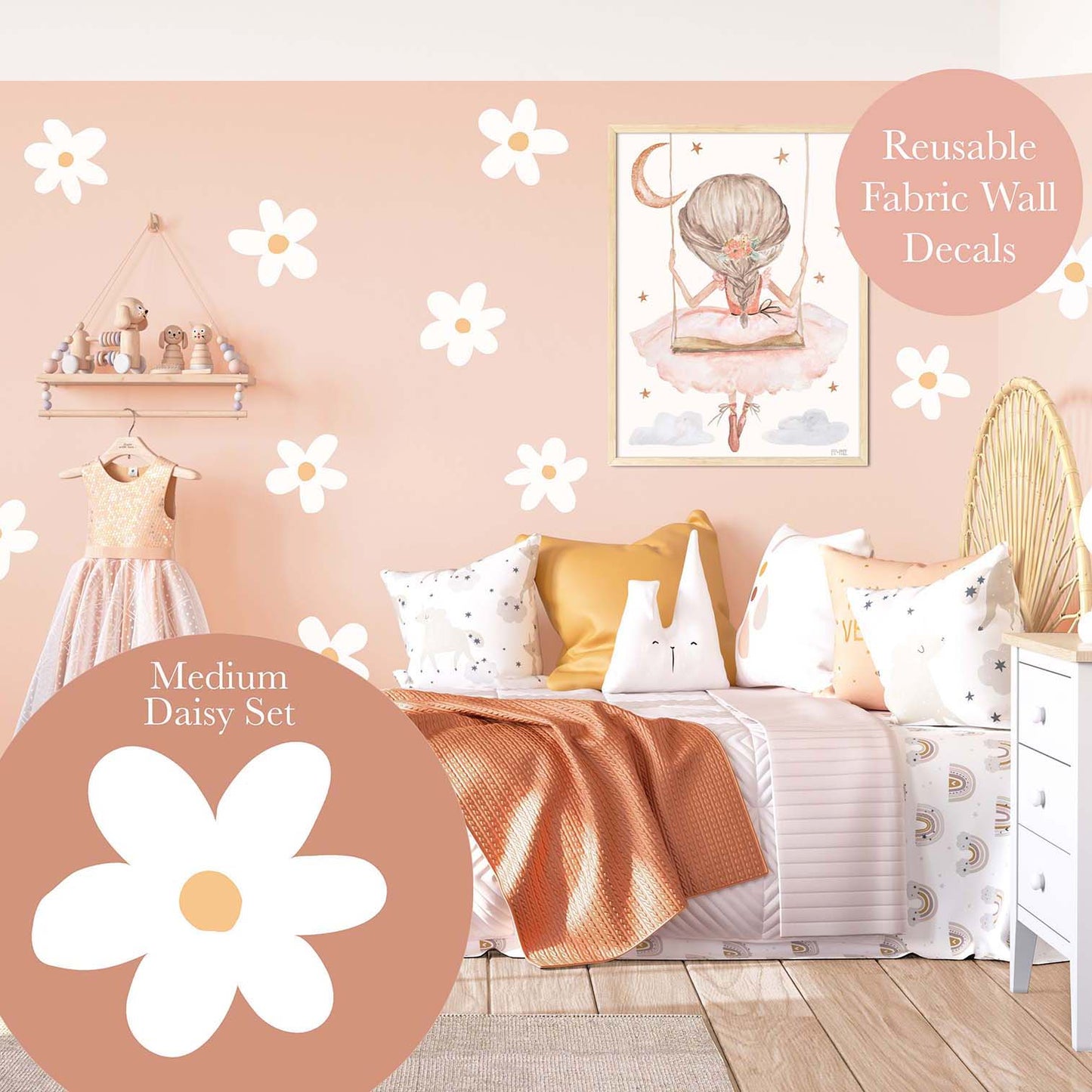 Pip+Phee Daisy Fabric Wall Decals - Medium Size - White Daisy Set
