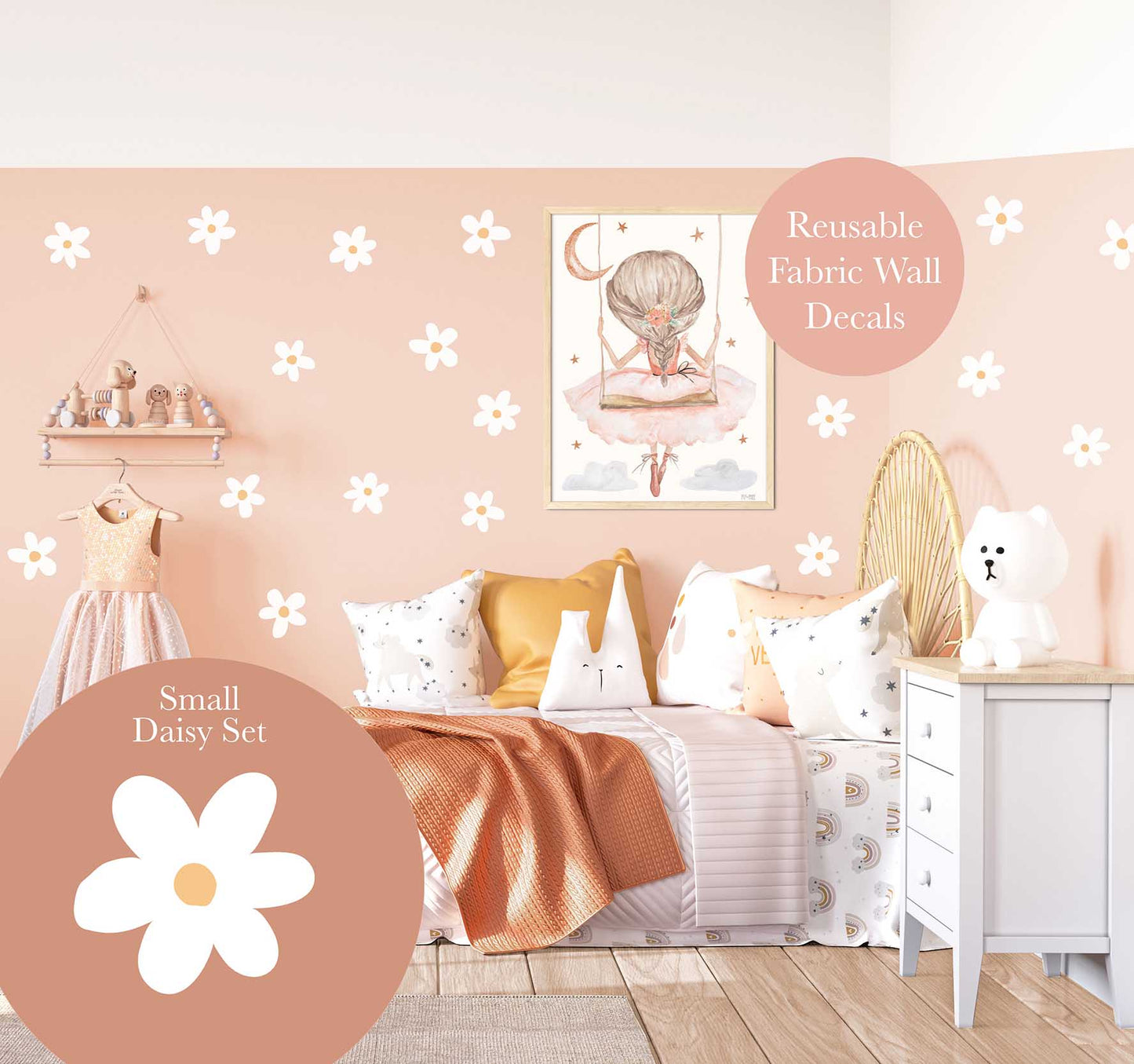 Pip+Phee Daisy Fabric Wall Decals - Reusable - Small Size - White Daisy Set