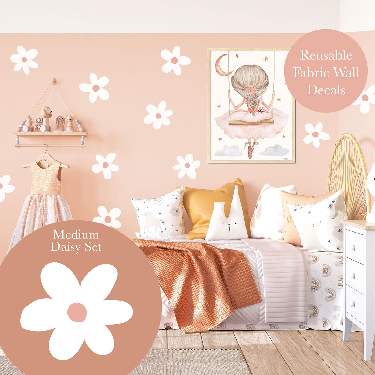 Pip+Phee Daisy Fabric Wall Decals - Medium Size - White Daisy Set