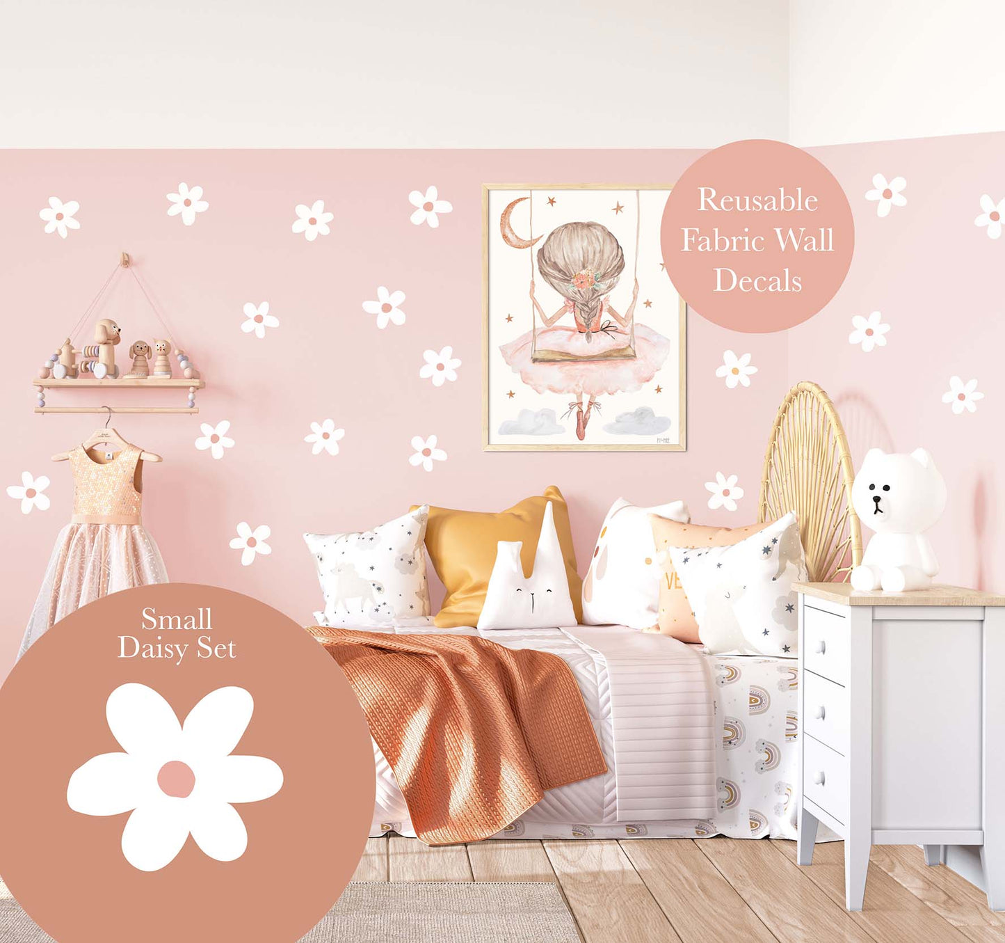 Pip+Phee Daisy Fabric Wall Decals - Reusable - Small Size - White Daisy Set