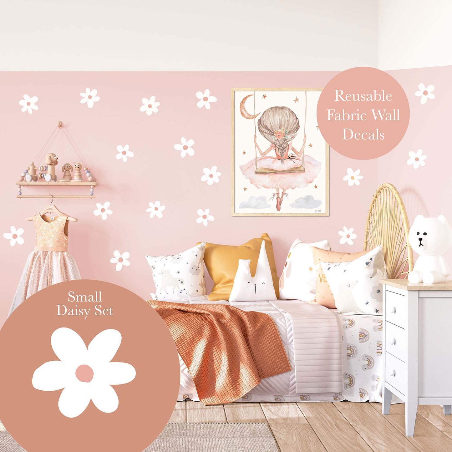 Pip+Phee Daisy Fabric Wall Decals - Reusable - Small Size - White Daisy Set