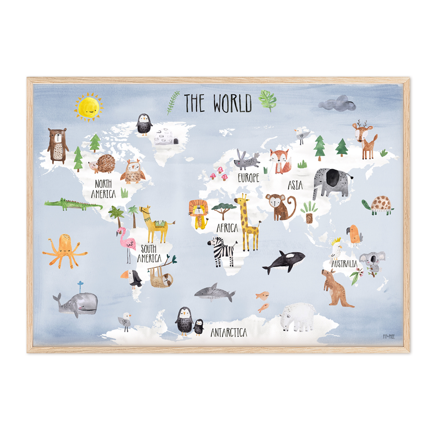 Pip+Phee World Map Art Print - Dusty Blue