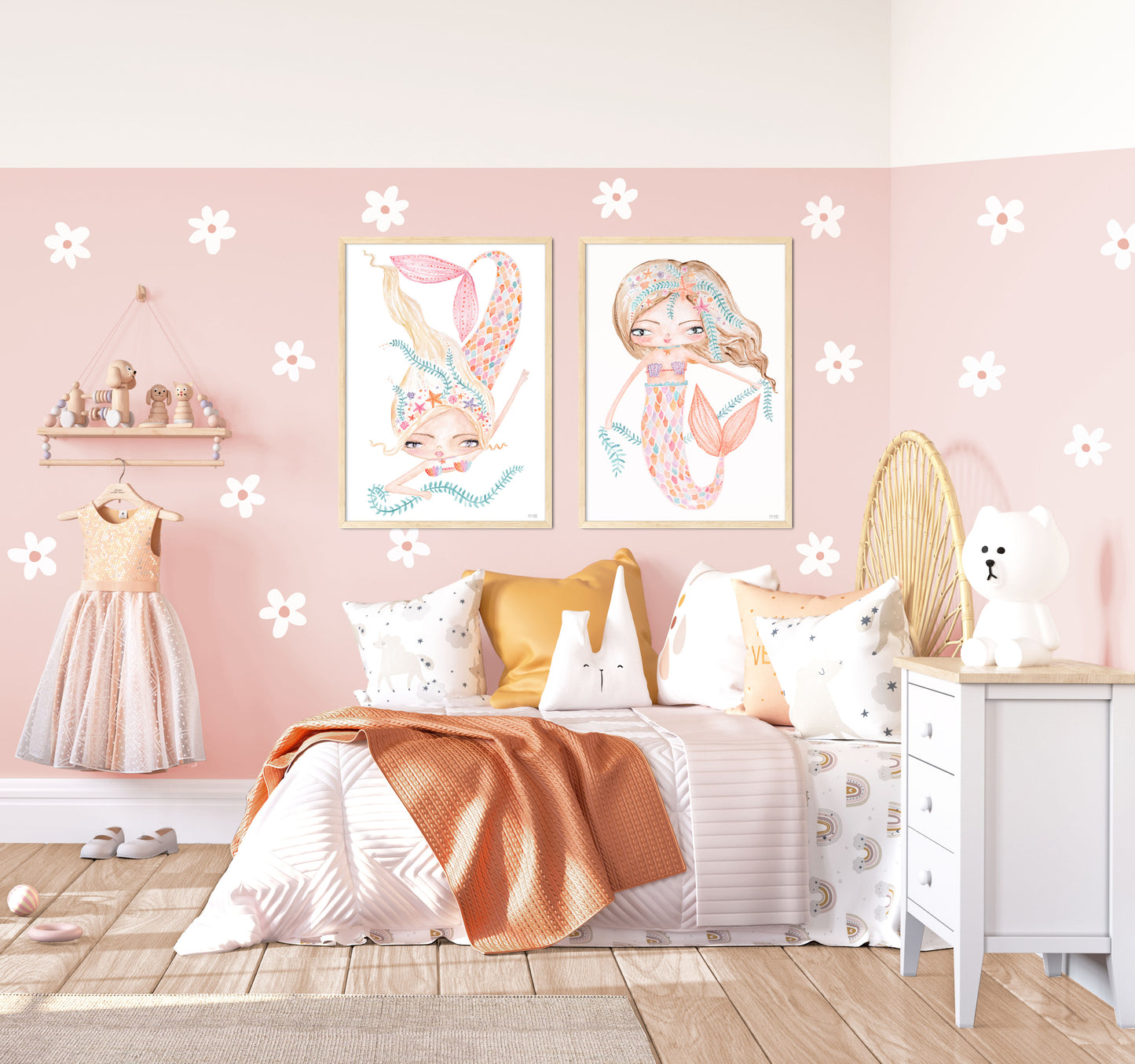 Pip+Phee Coral Mermaid Princess Dive Art Print - White Background