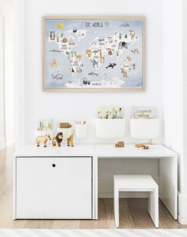 Pip+Phee World Map Art Print - Dusty Blue